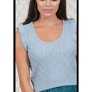 Coco Jaimeson Cable Knit Ruffle Sleeve Shoulder Sweater Vest Size M‎ Ether Blue